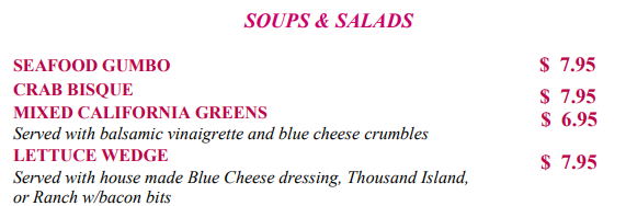 Valentine's Day menu soups & salads